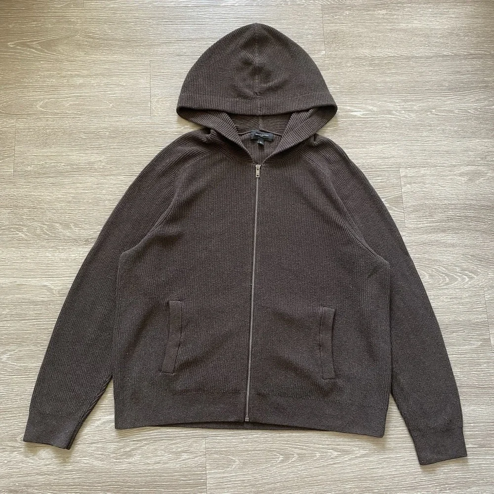 Banana Republic Ribbed Knit Full Zip Hoodie Men's XL Brown Minimal Cotton Blend